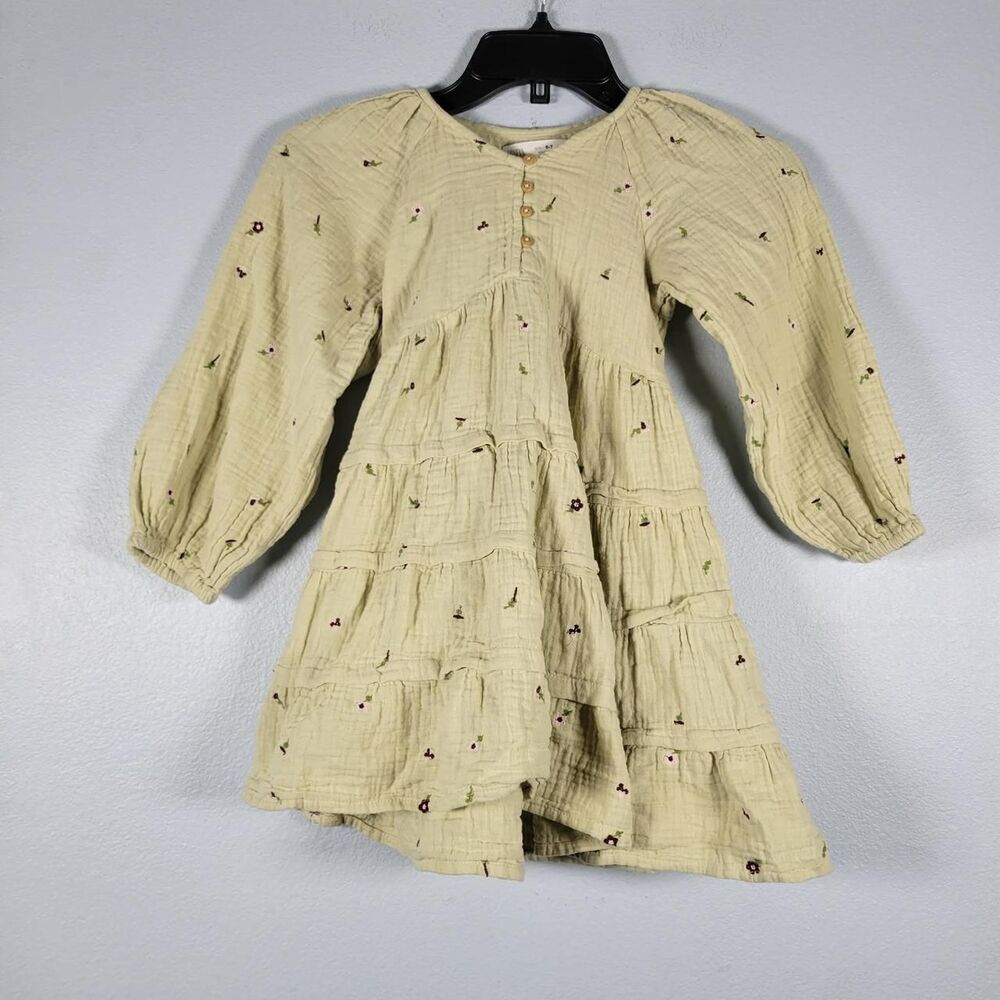 Zara Girls Cotton Muslin Tiered Dress Sage Green Floral Boho 6/7